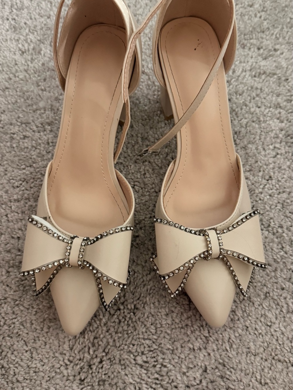 SHEIN Cream Pointed-Toe Bow Ankle-Strap Heels with Rhinestone Trim